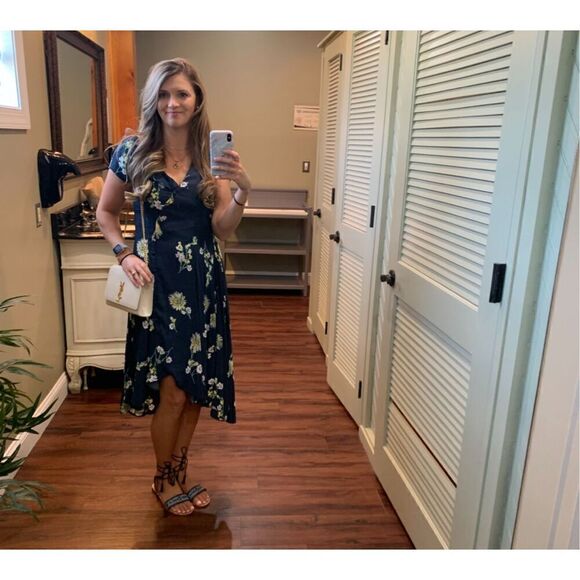 Free People Floral Wrap Lost in Your Midi Blue Asymmetrical Button Dress Size XS - Picture 14 of 15